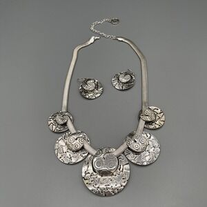Vintage 1990s Pewter-Tone Statement Necklace & Earrings Set – Abstract Motif